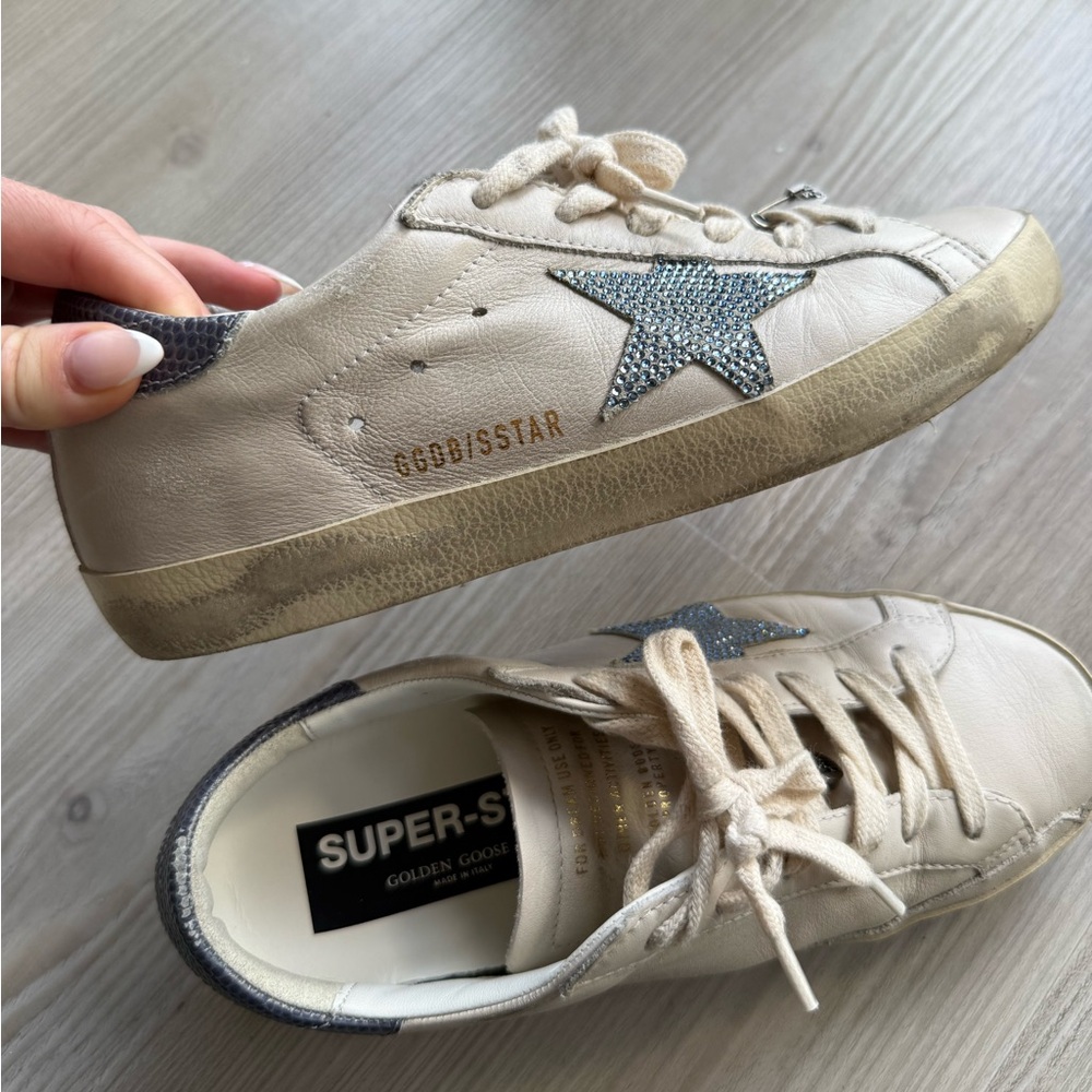 Golden Goose Cream Sneakers with Glittery Blue Star